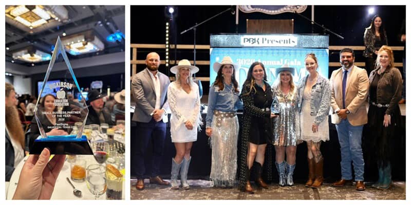 A collage of the small business partner of the year award and the team.